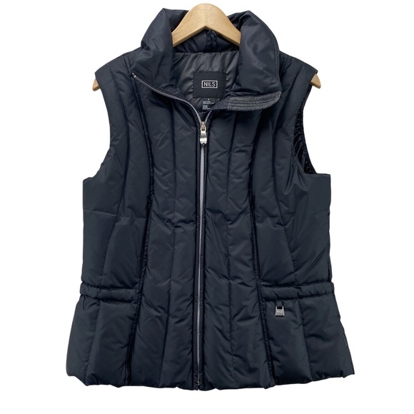 NILS Puffer Vest Womens 8 Black Polyester Goose Down Pockets Cinch Waist - Picture 1 of 12